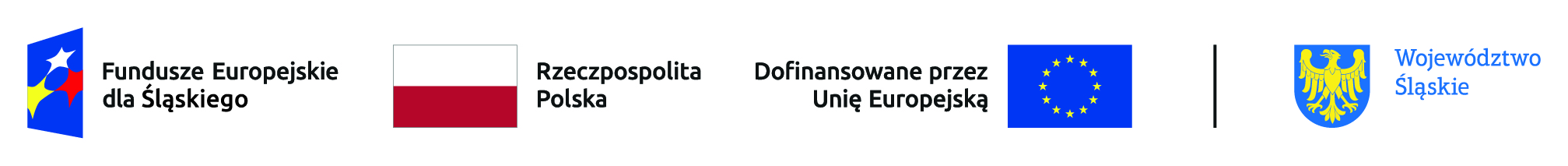 Zestawienie znaków Fundusze Europejskie dla Śląskiego, flaga Rzeczpospolitej Polskiej, flaga Unii Europejskiej oraz herb Województwa Śląskiego