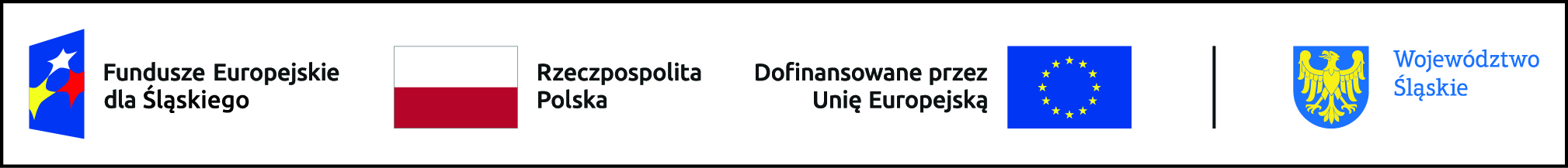 Zestawienie znaków Fudusze Europejskie dla Śląskiego, flaga Rzeczpospolitej Polskiej, flaga Unii Europejskiej i herb Województwa Śląskiego